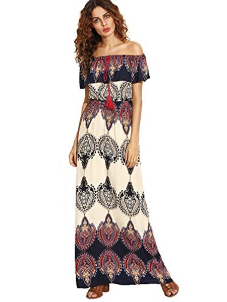 

milumia women's print off the shoulder ruffle maxi dress, Black;gray