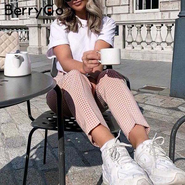 

berrygo pink plaid casual pants women 2020 summer vintage work pants capris female straight office ladies british style trousers, Black;white