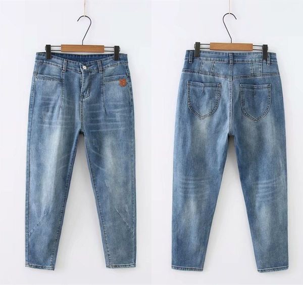 

fashion plus size 2019 spring new high waist pencil jeans women casual elastic denim pants ankle-length loose trousers, Blue