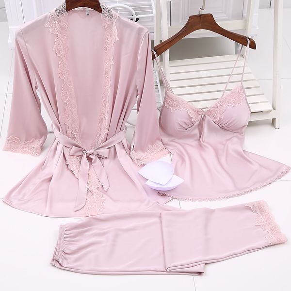 

spring new ladies cami+robe+pants 3pcs sleepwear rayon nightwear lace trim pajamas pijama set lounge home clothes  l xl xxl, Blue;gray