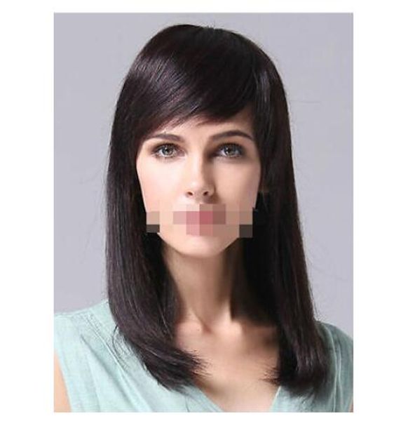 Side Swept Bangs Chestnut Brown Long Man Hair Womens Synthetic Wig