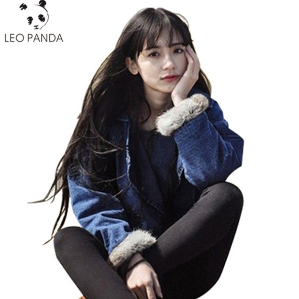 

winter new women lambswool jean coat big size long sleeves warm jeans coat outwear thicken cotton lined denim jacket cy, Black