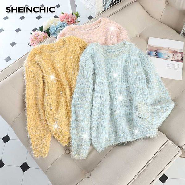 

korean 2020 new women pearls beading sweater spring autumn long sleeve round neck sky blue/gray/pink/beige bright silk jumper, White;black