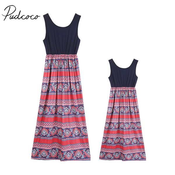 

2018 brand new summer vintage casual family mother daughter dress sleeveless patchwork sleeveless boho floral dress sundress, Blue