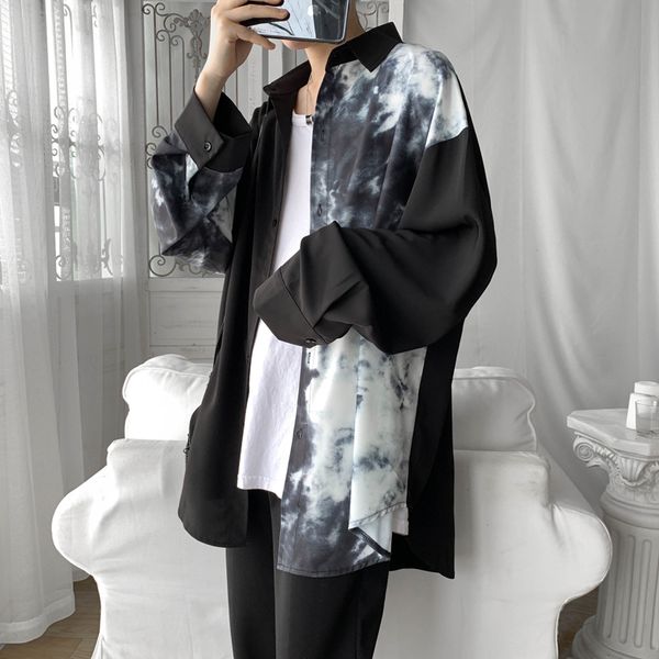 

cotton shirt men's fashion print casual shirts mens streetwear society men dress shirt wild loose long-sleeved male -2xl, White;black