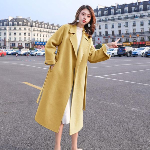 

2019 new long open stitch women woolen coat casual loose women spring woolen coat fashion full sleeve turn-down collar coats yellow, Black