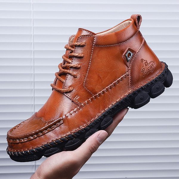 

loozykit genuine leather men boots fashion lace up shoes male cow leather man brown ankle boots autumn plus size, Black
