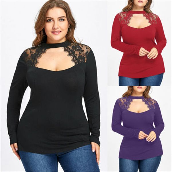 

women plus size lace floral patchwork t-shirt low cut long sleeve slim bodycon t-shirt outwear solid pullovers hollow out, White