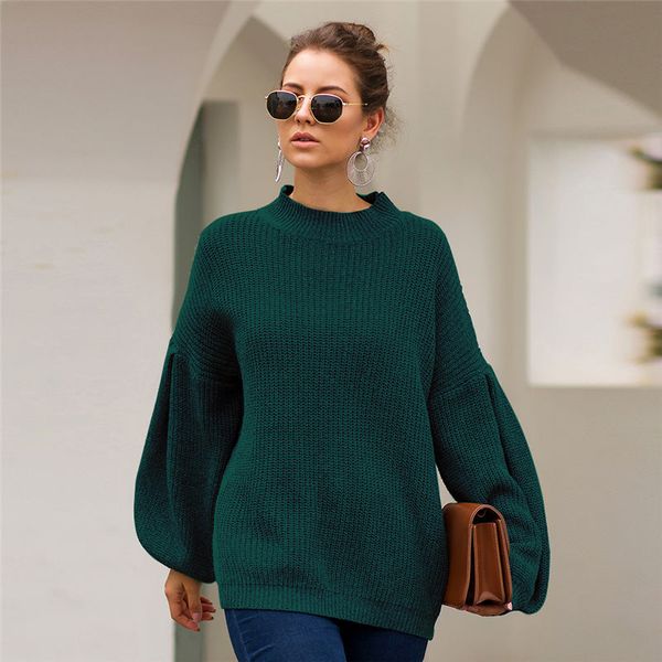 

elegant lantern sleeve knitted sweater pullover autumn winter warm loose round neck sweater female fashion jumper streetwear, White;black