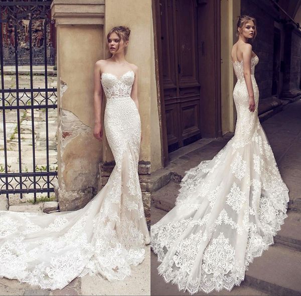 

elegant lace mermaid wedding dresses sweetheart tulle applique fishtail gown bride dress vestido de noiva robe mariage, White