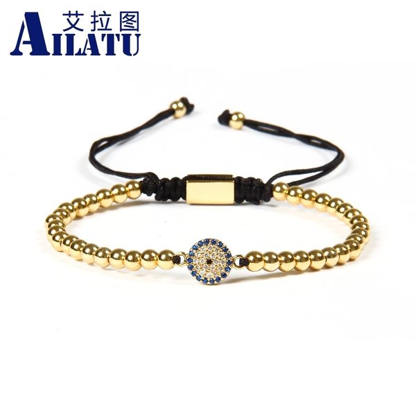 

ailatu wholesale 10pcs/lot 4mm stainless steel beads with micro pave blue cz eye connector macrame bracelet, Golden;silver