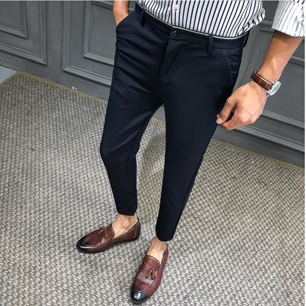 

2019 summer man slim pants male smart casual trousers plaid thin summer new fashion men business suit pant black navy blue, White;black