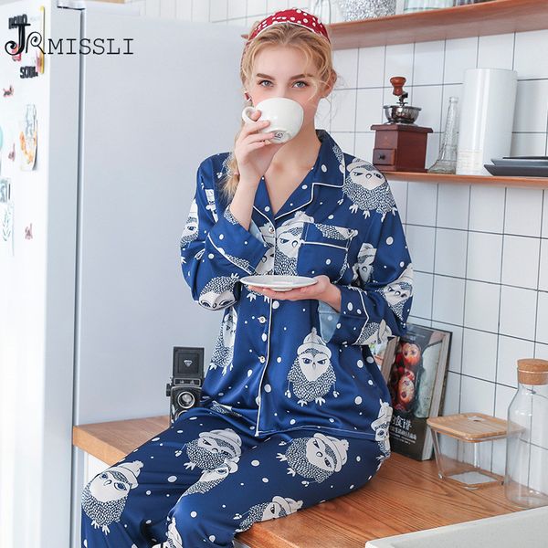 

jrmissli silk pyjamas women pajamas sets women sleepwear pijama mujer 2019 spring print elegant satin homewear, Blue;gray