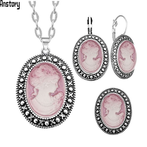 

oval 5 color lady queen cameo jewelry set necklace earring ring antique sliver plated vintage jewelry for woman, Silver