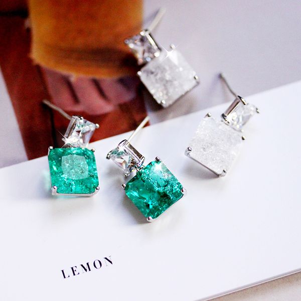 

fashion special square green stone drop earrings double square white ice zircon with crackle women jewelry accessories female, Silver
