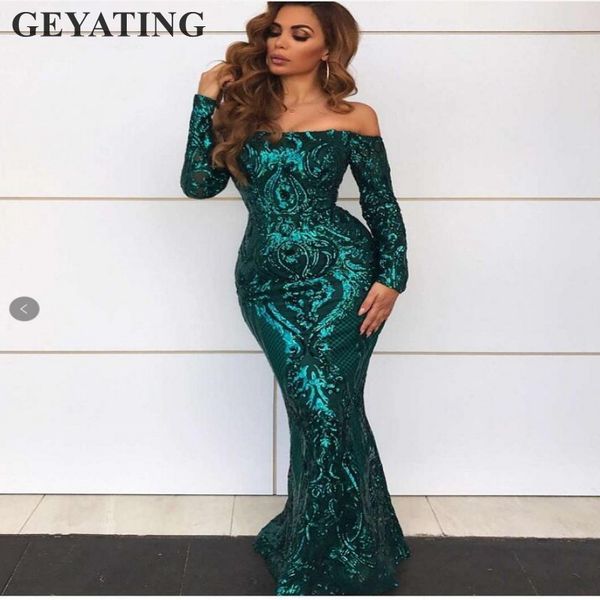 

emerald green sequins mermaid evening dress long sleeves elegant off the shoulder gold formal party gowns arabic prom dresses, White;black