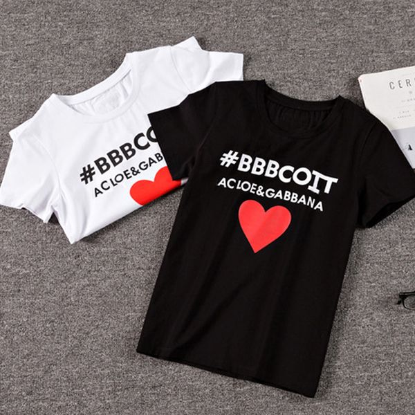 

new fashion leisure heart-shaped printed t-shirt women summer clothes short-sleeved cotton material crew neck t-shirt, White