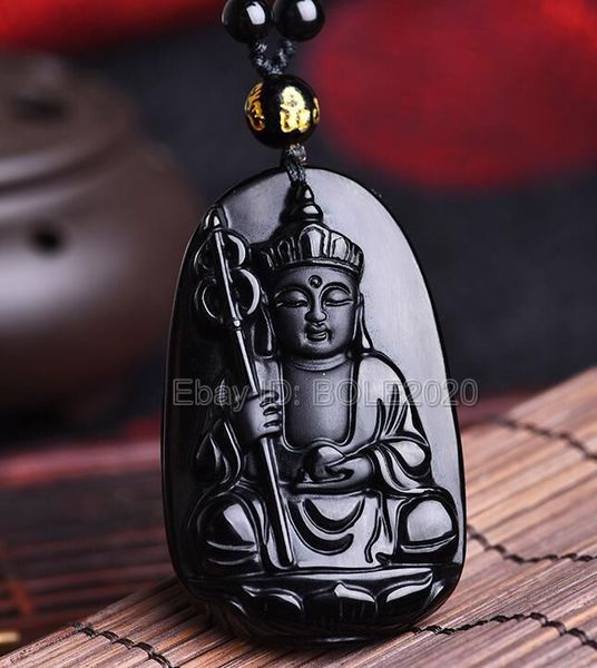 

natural black obsidian hand carved xuanzang buddha amulet pendant beads necklace, Silver