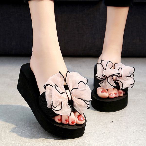 

summer new high-heeled slippers bow women's beach slippers korean version of the thick bottom non-slip wild, Black