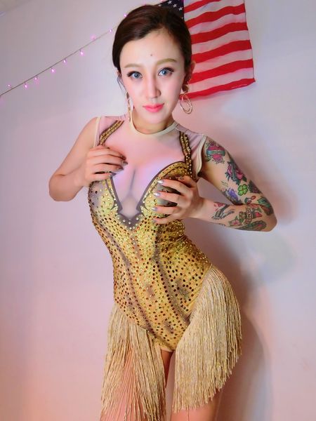 

bar singer costumes female ds dj gold flash drill tassels one-piece dance costume chinese costume beyonce rhinestone bodysuit, Black;red