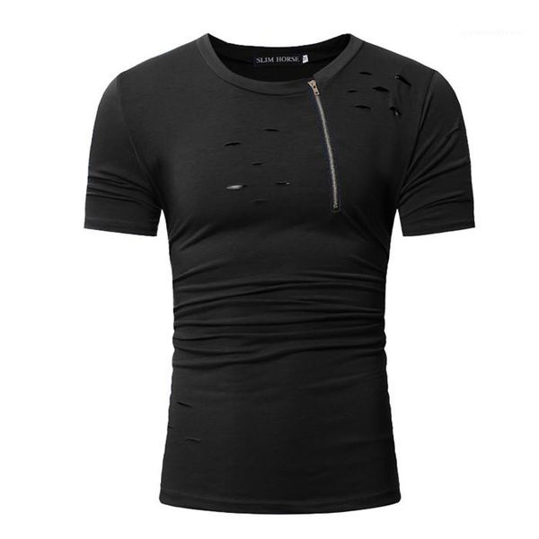 

sleeve crew neck slim fit designer tees male casual mens zipper hole tshirt summer short, White;black