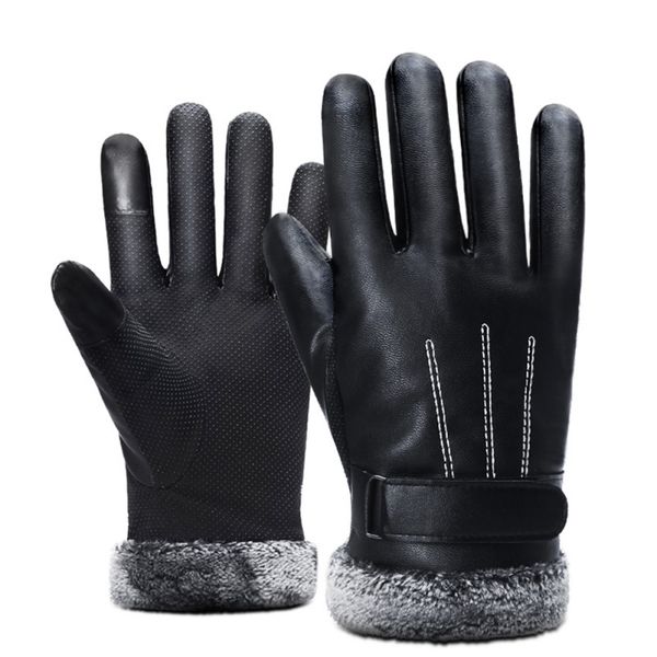 

motorcy full finger gloves men faux leather thick fluffy touch screen windproof adjustable warm motorcycle gloves guantes moto, Black