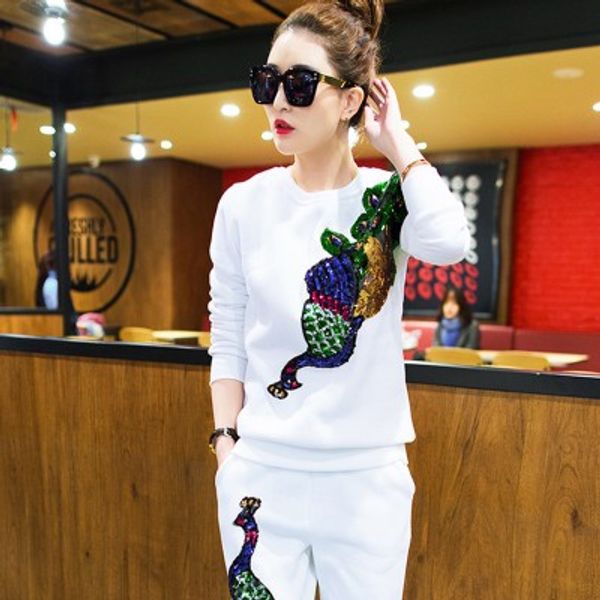 

women's tracksuits 2 piece set peacock sequined and pants 2018 autumn casual lady tumblr long sleeve hoodies pants suit, White