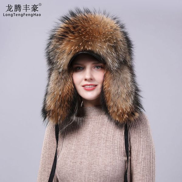 

longteng fenghao women's fur hat natural raccoon russian ushanka winter warm ears fashion bomber hat new arrival ing, Blue;gray