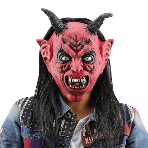 Horror Engraçado Satanás Diabo Máscara De Látex com Peruca Boi Chifre para Masquerade Festa de Halloween