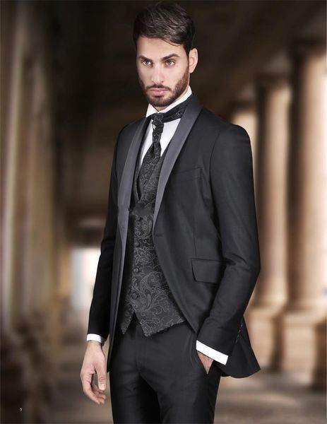 

fashion black groom tuxedos shawl lapel groomsmen mens wedding dress excellent man jacket blazer 3 piece suit(jacket+pants+vest+tie) 966, Black;gray
