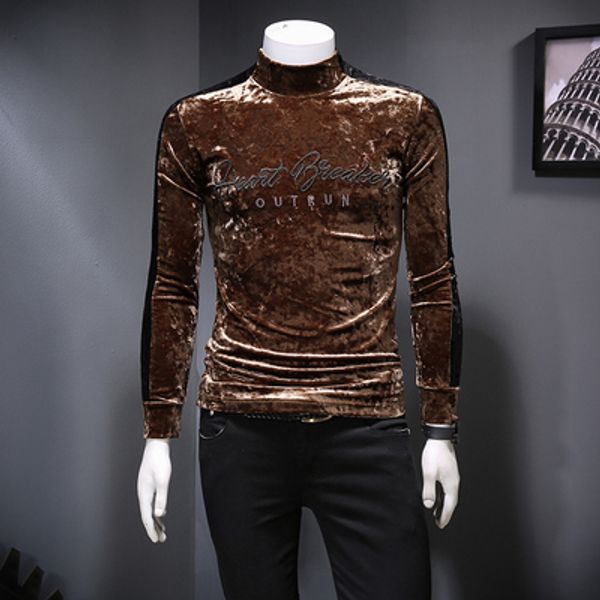 

2019 new men's and t-shirt autumn velvet men's winter printing shirt letter long-sleeved gold long-sleeved bottoming men high-neck, Black