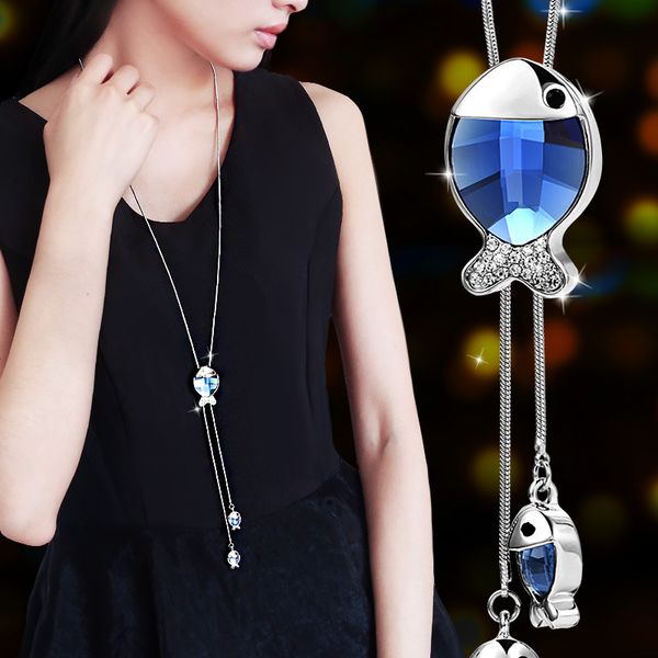 

ajojewel blue grey crystal fish necklace women bijoux new fashion jewelry silver-color elegant necklaces & pendants