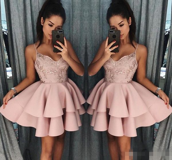 

2019 dusky pink homecoming dresses with spaghetti straps sequins applique tiered skirt a line short mini cocktail graduation party ball gown, Blue;pink