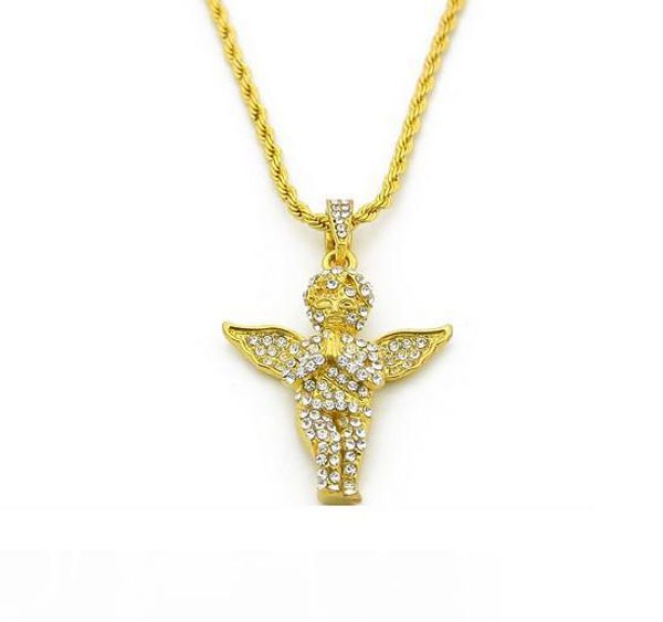 

mens vintage angel wing pendant box chain and rope chain 18k gold plated iced out pendant necklace 24 inch long, Silver