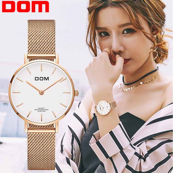 

watch women dom brand luxury quartz watch casual quartz-watch leather mesh strap ultra thin clock relog g-36g-7m1, Slivery;brown