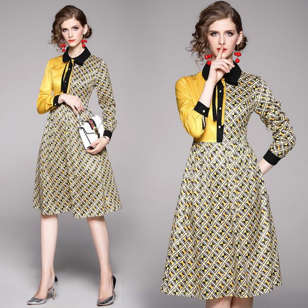 

europe and the united states new slim print color contrast bow dress cover lapel a-line skirt woman, Black;gray