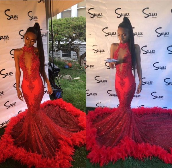 

red halter lace mermaid long prom dresses sequins applique feather sweep train formal party evening gowns, Black
