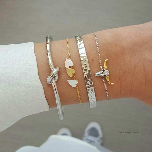 

4 pcs/set bohemian fashion gold silver heart bull knotted irregular bracelet set women vintage bangle party jewelry accessories, Golden;silver