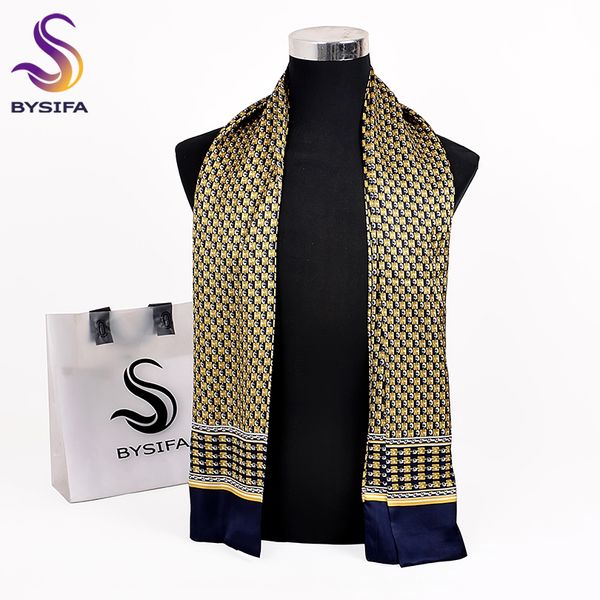 

bysifa] brand men silk scarf muffler winter neck scarf fashion navy blue gold 100% pure silk male long scarves cravat 160*26cm, Blue;gray