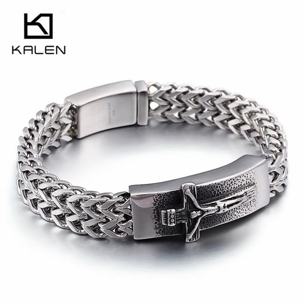 

kalen classic christian jesus cross charm bracelets for men 23cm stainless steel mesh chain link bracelet armband prayer jewelry, Golden;silver