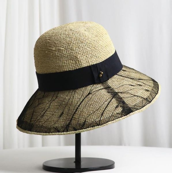 

women designer bucket hats summer hat female tide visor sun hat sunscreen beach fisherman hat cover face travel wild lafite straw hats, Blue;gray