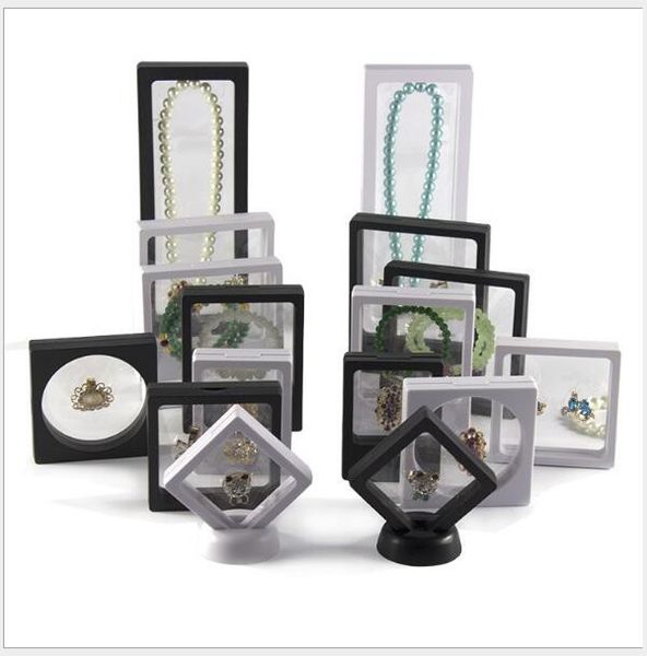 

clear 3d jewelry floating frame display case shadow box with a stand holder rings pendant necklace coins medals presentation case boxes, Black