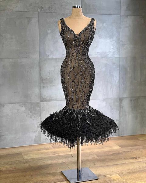 

2020 black mermaid evening dresses luxury short lace appliqued prom gown vintage plus size arabic formal party gown with feathers
