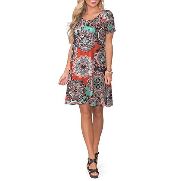 

travel holiday printed elegant short sleeve women dress casual summer t shirt round neck with pocket fashion swing short, Black;gray