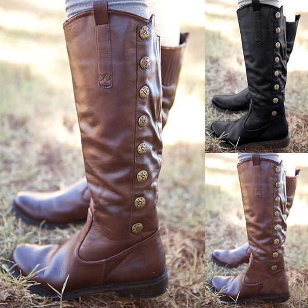 

round toe ankle women cowboy boots low square heel gothic long boots solid buckle winter shoes, Black