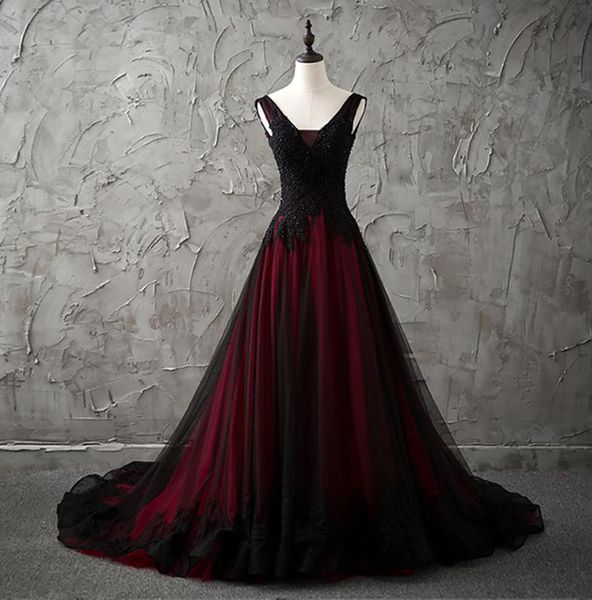 Nouveau col en V sans manches robes de mariée noires et rouges appliques de dentelle perles robes de mariée country chic dos bas mariage coloré G207B