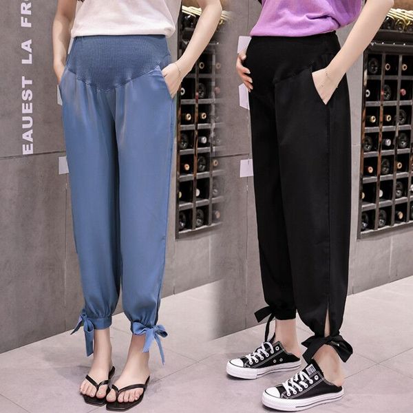 

maternity bottoms 8501# pants summer solid color chiffon high waist adjustable elastic belly support trousers, White