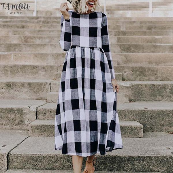 

платье женщины повседневная плед печати вокруг шеи свободные платья с длинным рукавом вечернее платье женщины aug13, Black;gray