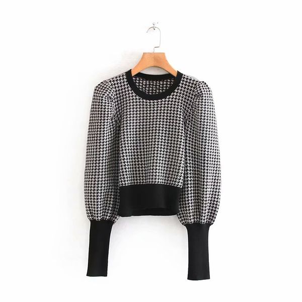 

2019 new women vintage houndstooth pattern puff sleeve casual sweater ladies basic o neck knitted pullover autumn chic s163, White;black