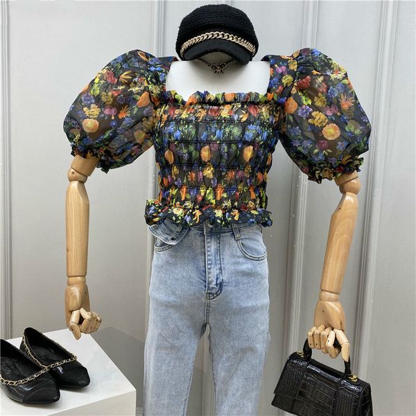 

women's blouses & shirts korean floral women blouse puff short sleeve square collar shirt 2021 summer stretch slim bow office lady, White